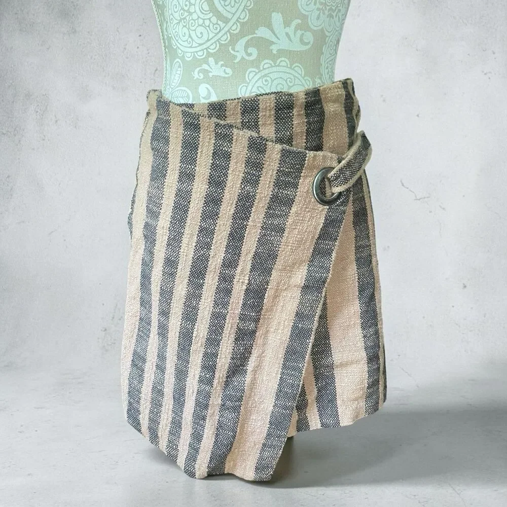 Free People Wrap Mini Skirt M Brown Stripe Asymmetrical Boho Cottage Festival